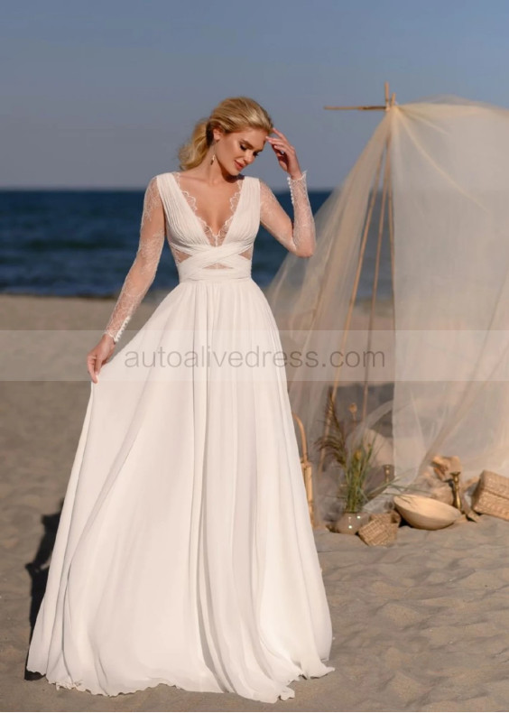 Long Sleeves Ivory Lace Chiffon Airy Boho Wedding Dress Long Sleeves Ivory Lace Chiffon Airy Boho Wedding Dress